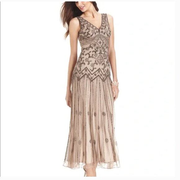 Pisarro Nights Black and Beige Embellished Maxi Dress - Picture 1 of 5
